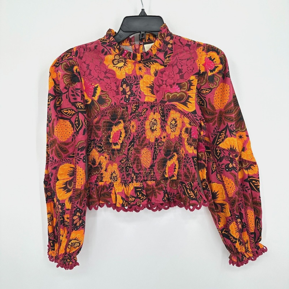Farm Rio Top Womens 2XS Pink Orange Garden Bloom Floral Bodice Smocked Blouse